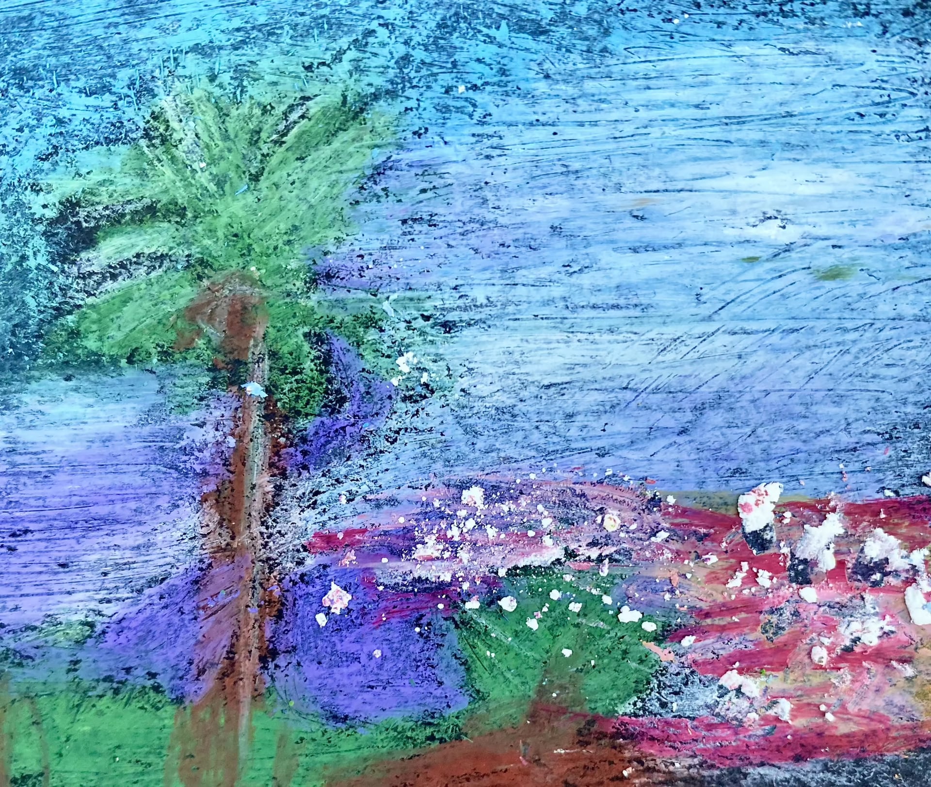 A slender green tree stands against a heavily worked blue, violet and pink landscape.