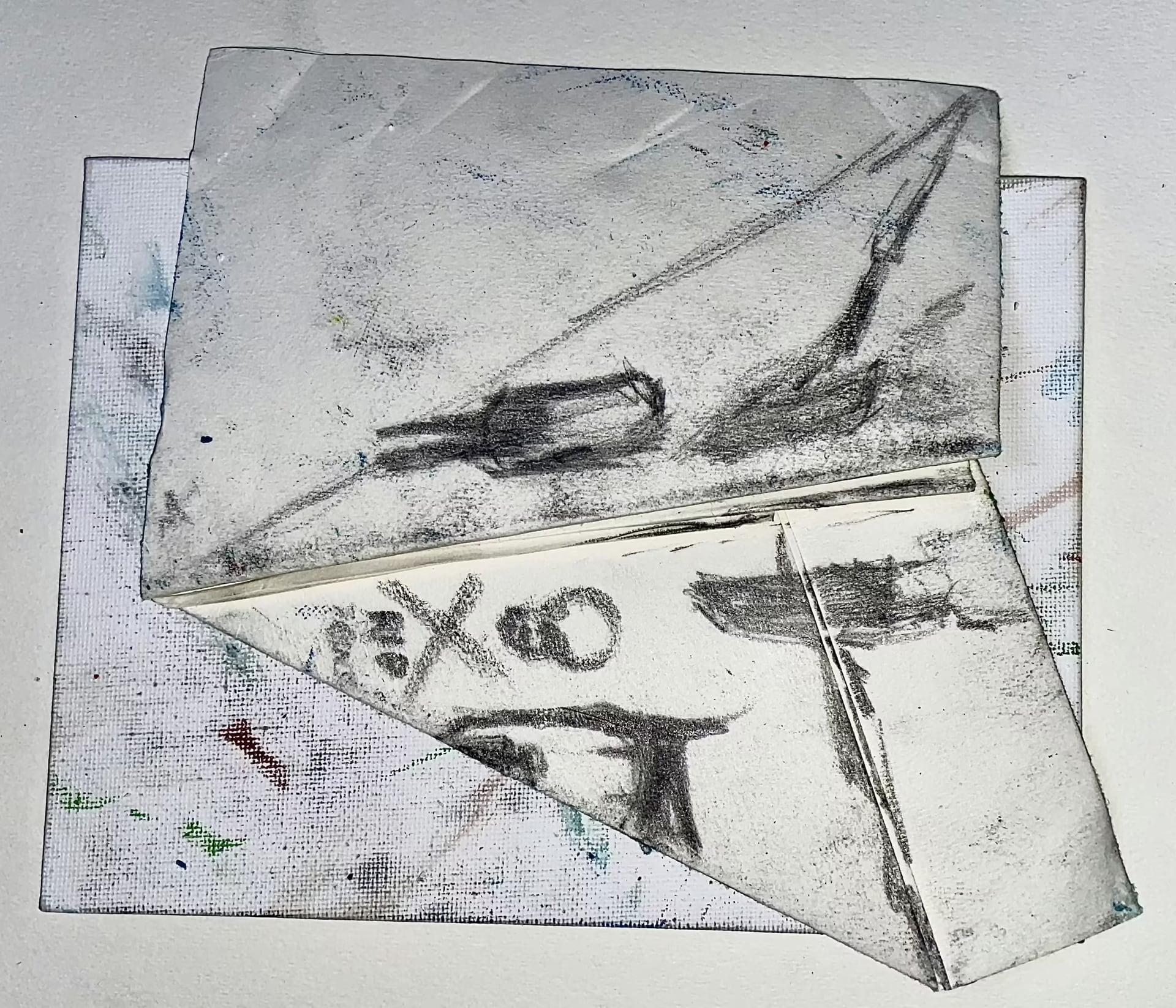 Three monochrome works on paper overlap, carrying sparse black linework, geometric forms and an X O motif.