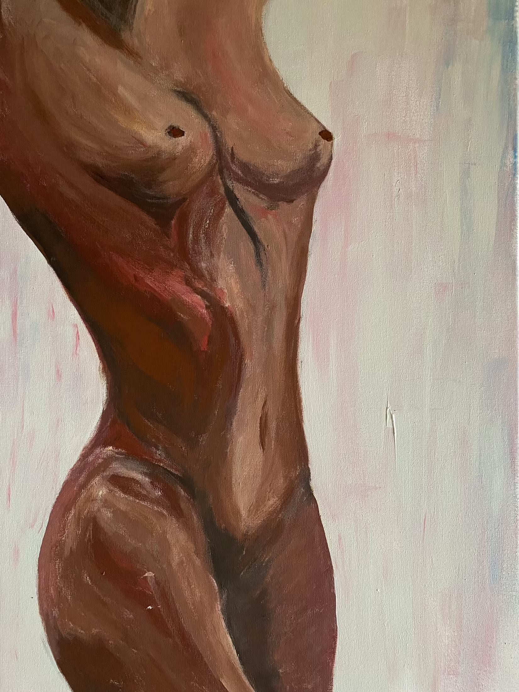 A close vertical study of a nude torso painted in warm brown, rose and cream tones.