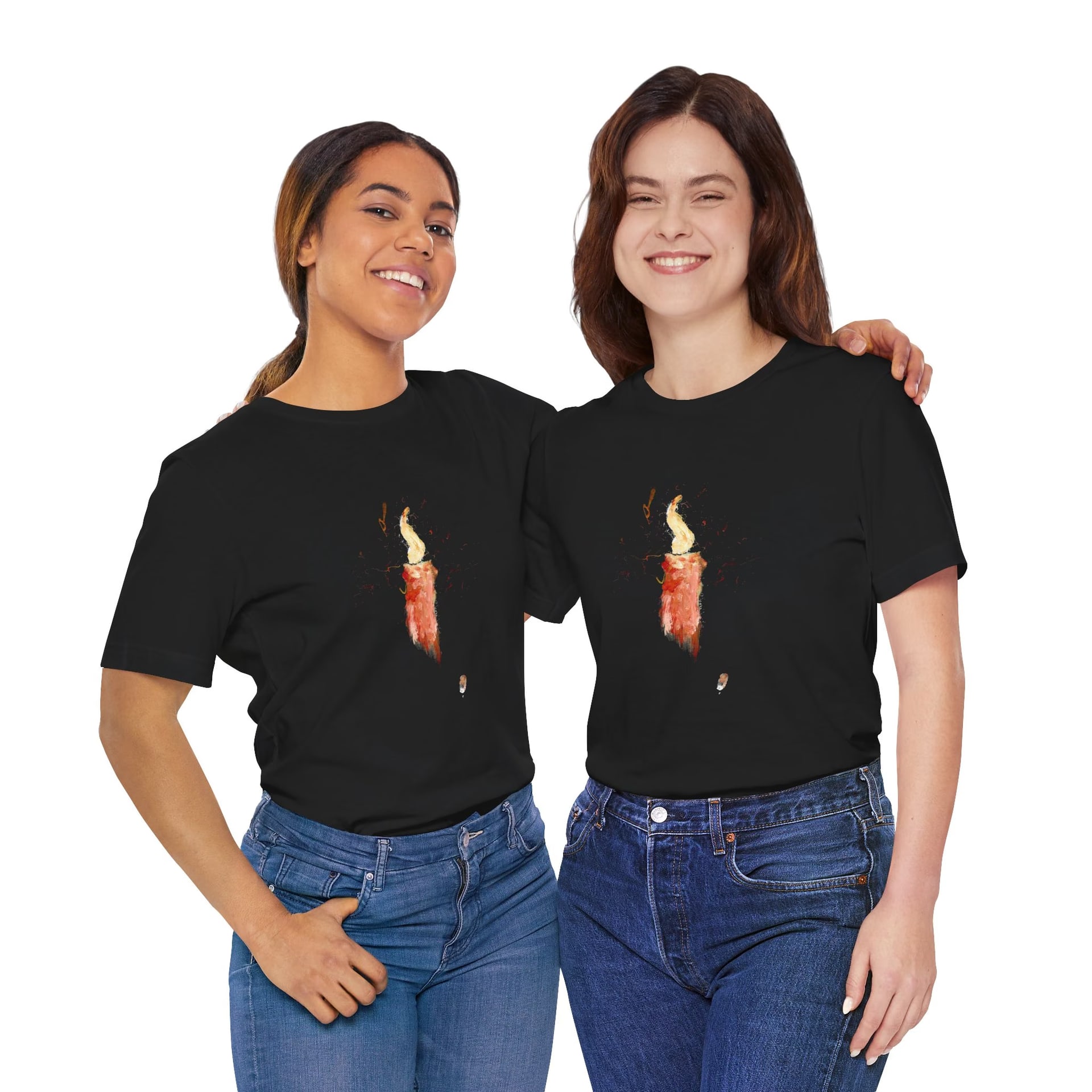 Two women in the black candle t-shirt laughing, one with an arm around the other's shoulder.