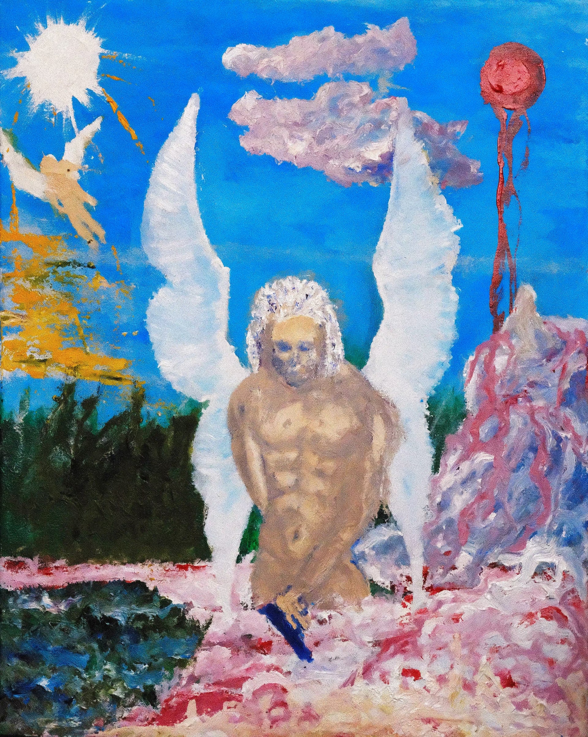 A nude winged man with white hair stands knee-deep in shallow pink water, wings spread wide against a blue sky. A red orb hangs on a stalk at the right, dark trees mass at the left, and a small second figure flies out of a burst of white sun.