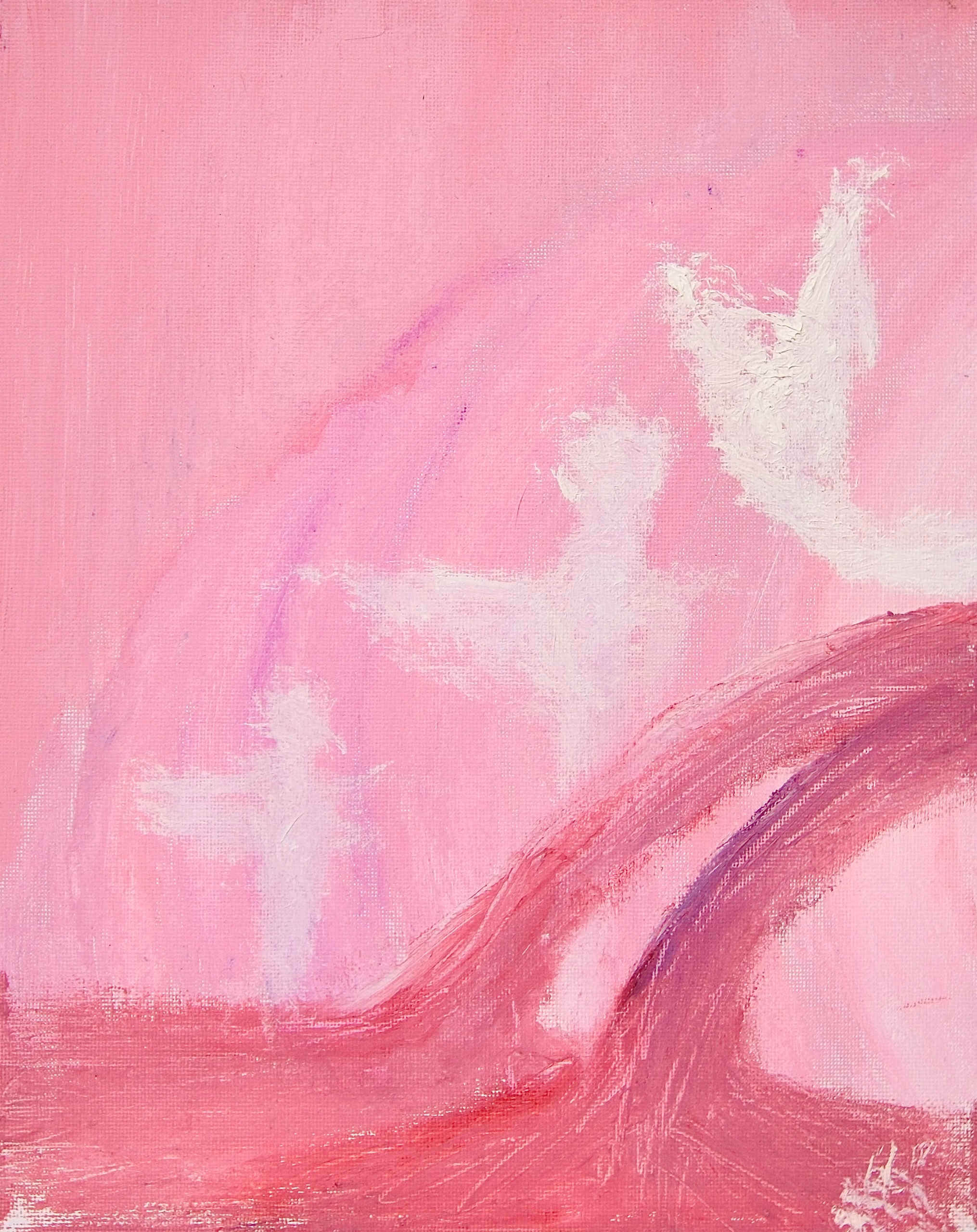 Three faint white winged figures rise diagonally through a field of pink, the highest thickly painted and almost solid. A dark crimson wave sweeps across the lower right corner.