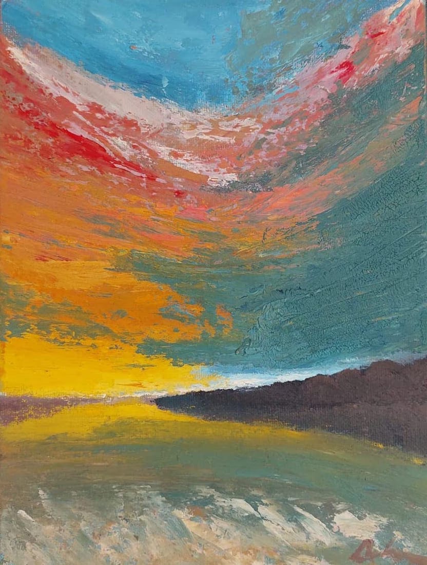 A sunset sky in thick impasto: turquoise at the top, then a sweep of red and orange cloud falling to a band of yellow at the horizon, with a heavy grey-green cloud mass over dark land at the right.