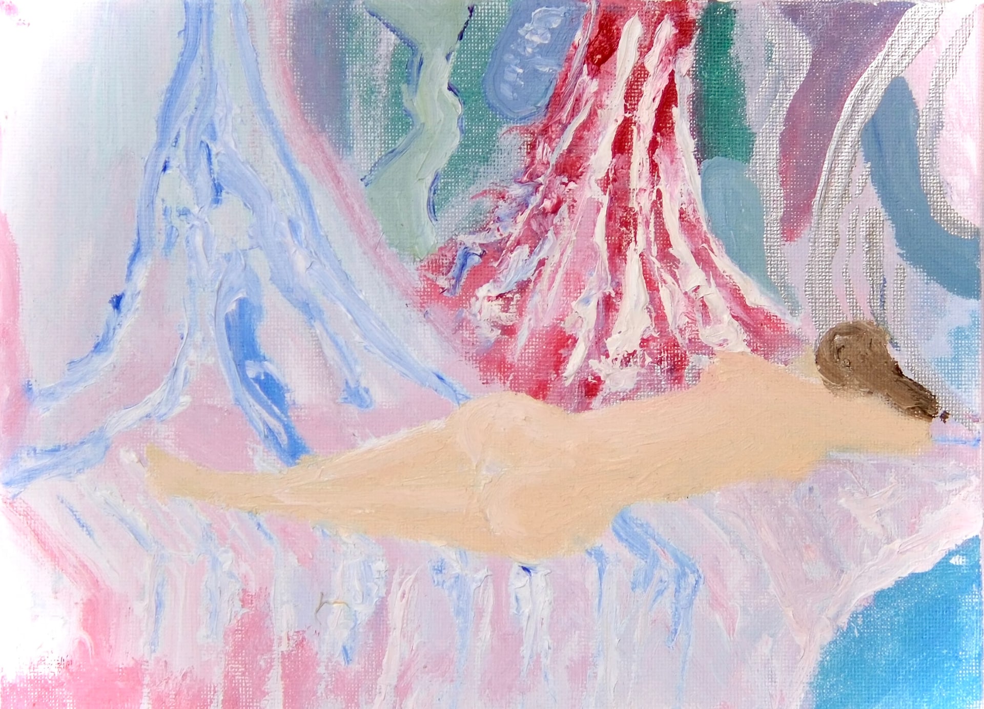 A nude figure lies stretched horizontally across the canvas, simplified into flat pale flesh tones with a knot of brown hair. Behind and below it, streams of pink, blue and white paint run downward past a thick red cascade.