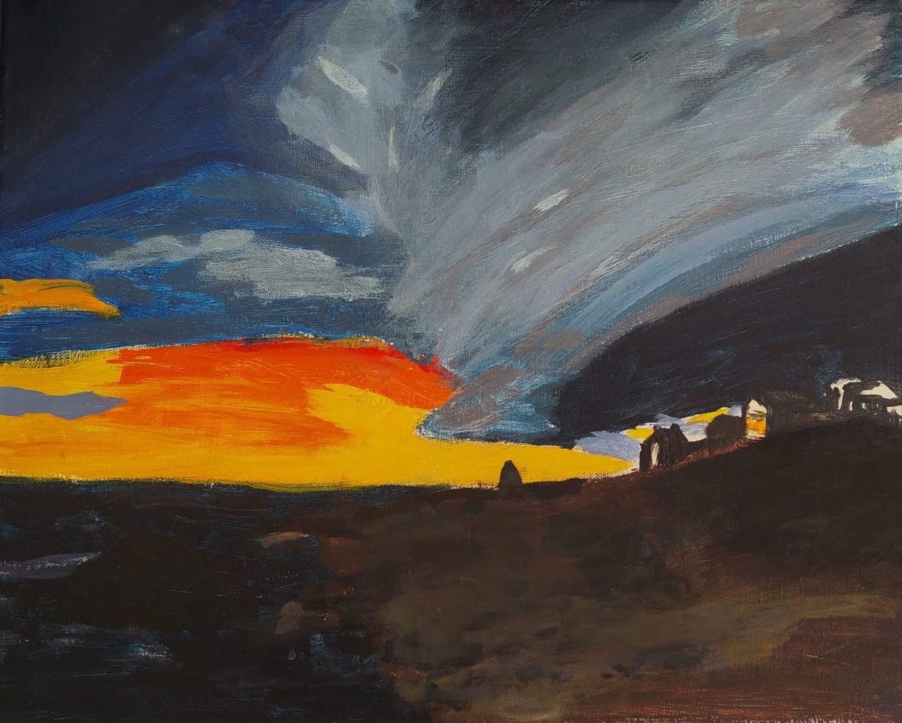 A landscape at dusk: a vast grey storm cloud sweeps diagonally across a navy sky and a blaze of orange and yellow burns along the horizon. Small dark houses sit on the ridge of the black hillside in the foreground.