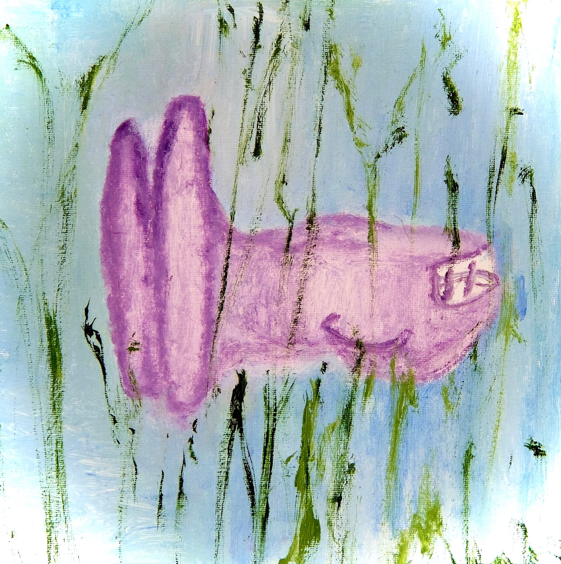 A pale lilac form resembling a car in profile floats against washed blue, a small window at its right end and two tall rounded prongs rising from its left. Green and black strokes stand around it like grass.