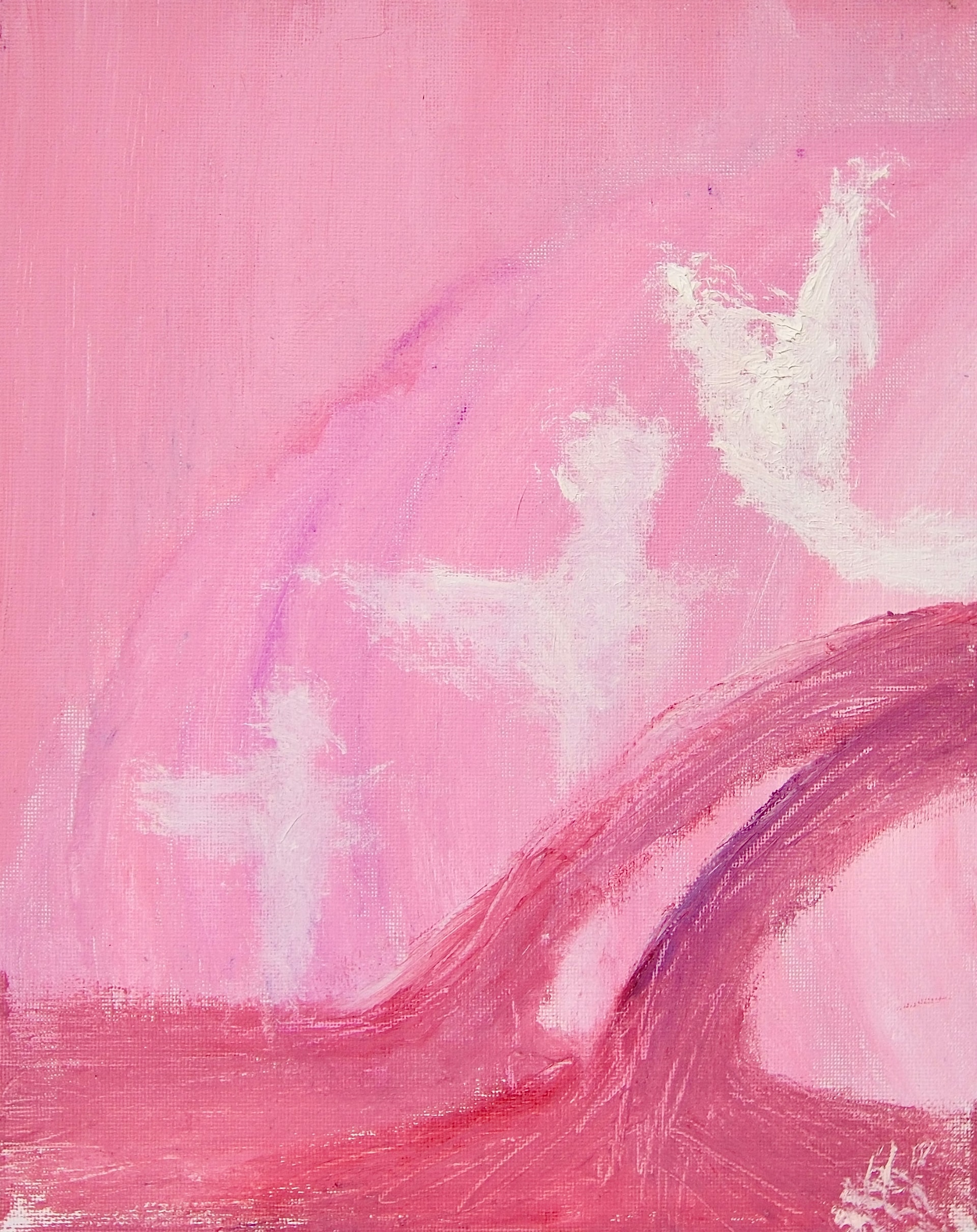 Three faint white winged figures rise diagonally through a field of pink, the highest thickly painted and almost solid. A dark crimson wave sweeps across the lower right corner.