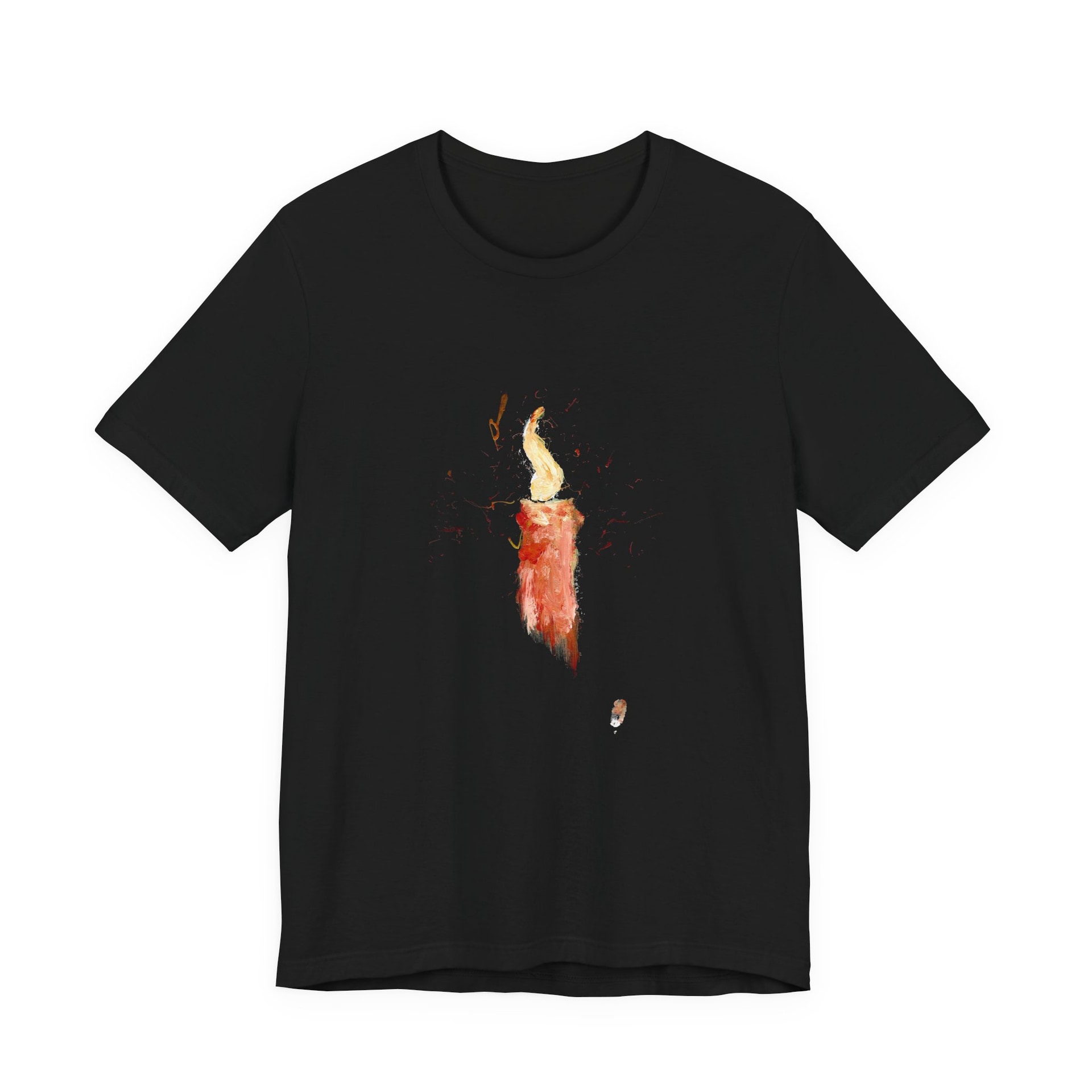 A black crew-neck t-shirt laid flat, printed at the chest with a painted red candle and its tall pale flame, sparks of red and orange flicking outward.