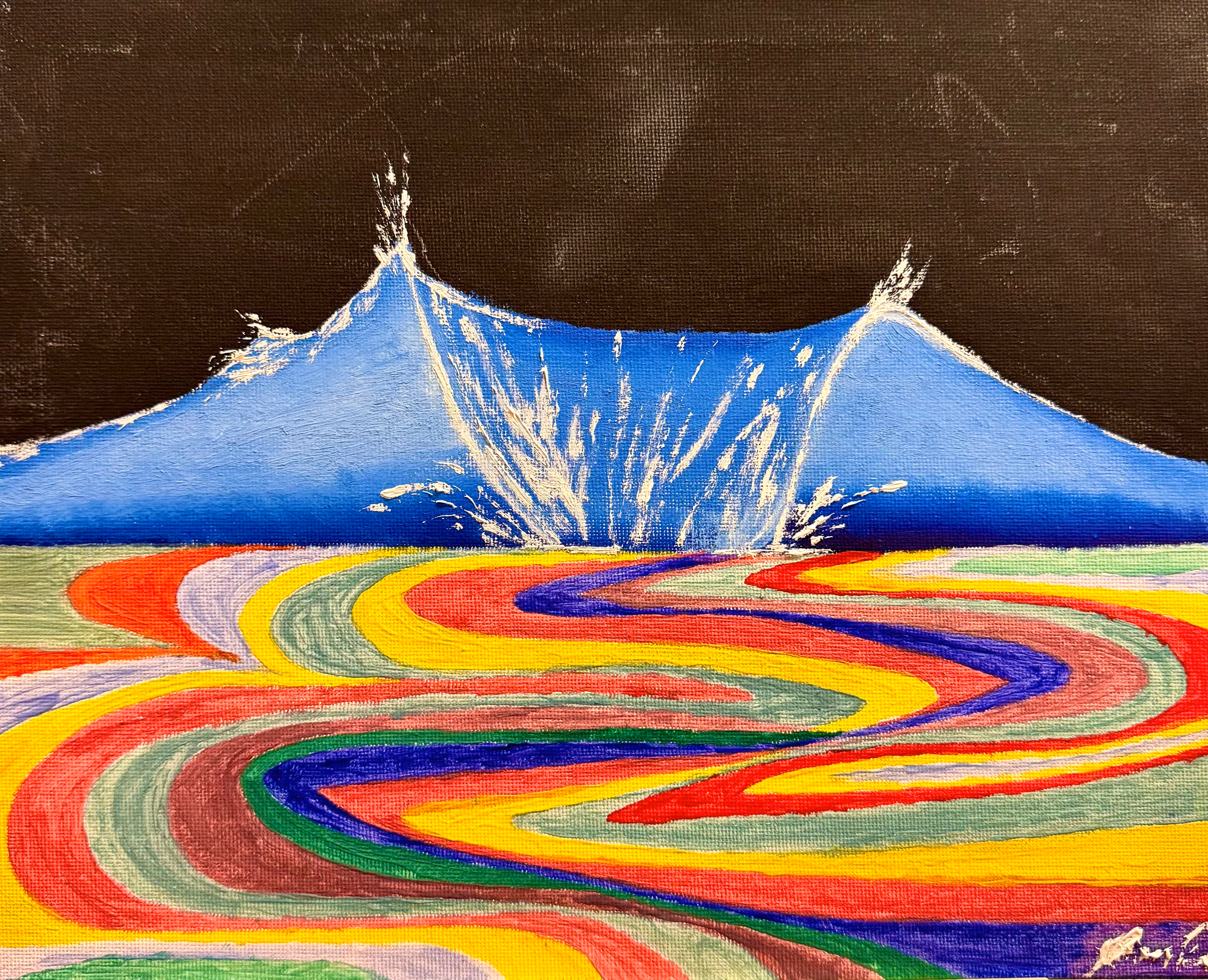 A blue wave rears against a black sky, white spray bursting from its two peaks. Beneath it the sea becomes broad ribbons of red, yellow, green, blue and violet winding to the bottom of the canvas.