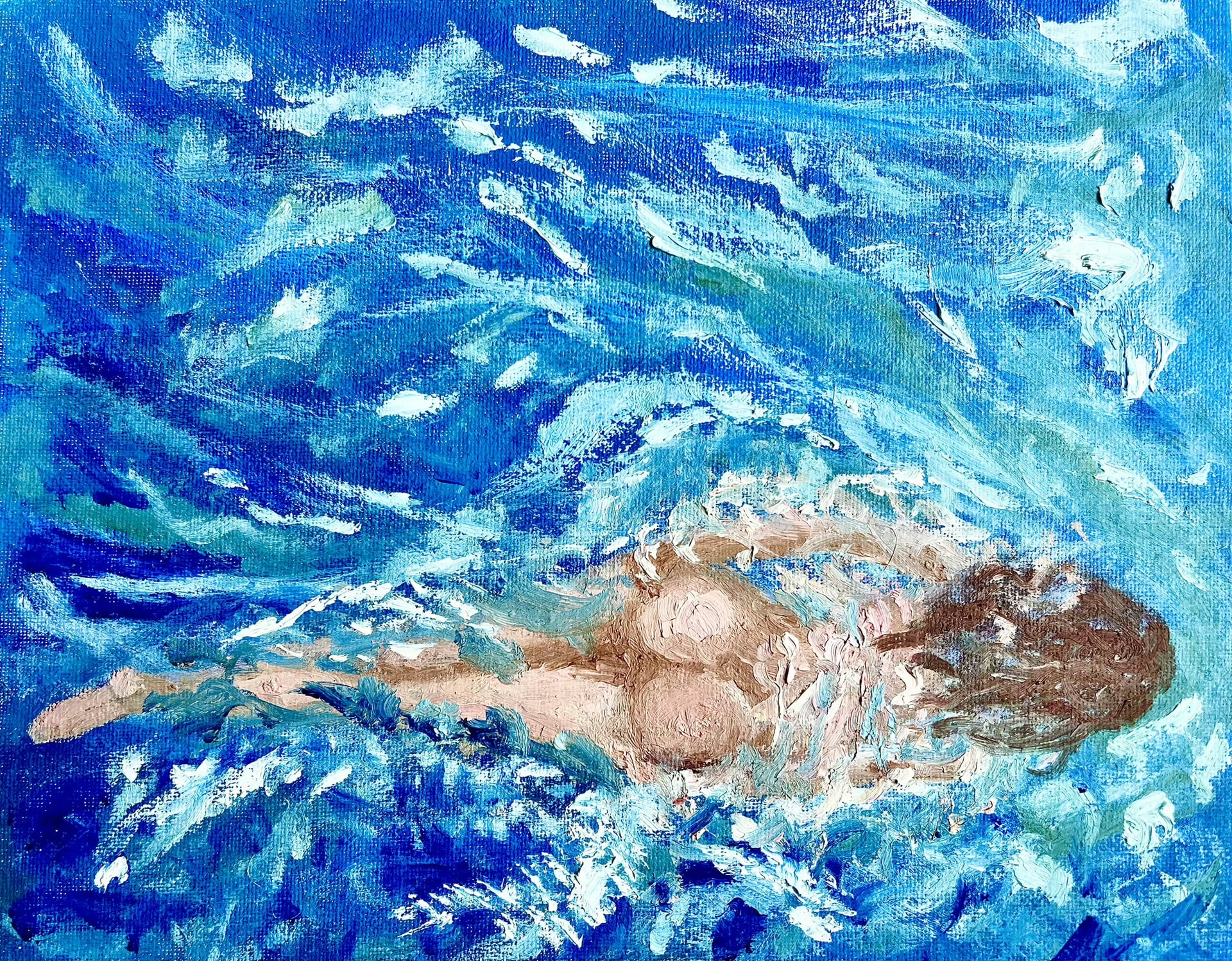 A figure floats face-up across gestural blue and white water.