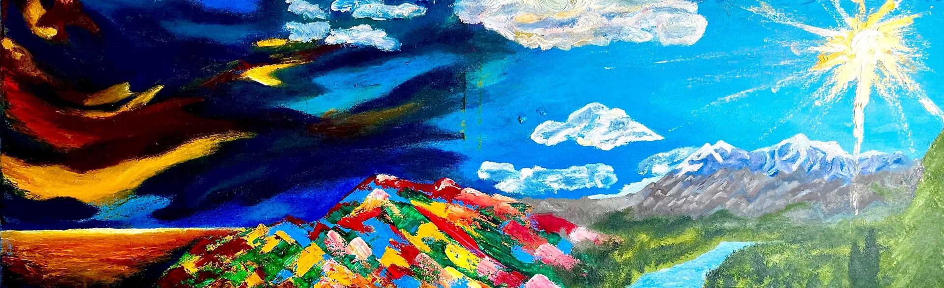 A wide panorama running from storm to daylight: a dark sky torn with gold and red over black water at the left, a jagged ridge painted as a patchwork of red, yellow, green and blue across the centre, and at the right a turquoise sky, snow-capped peaks and a green valley under a blazing white star.