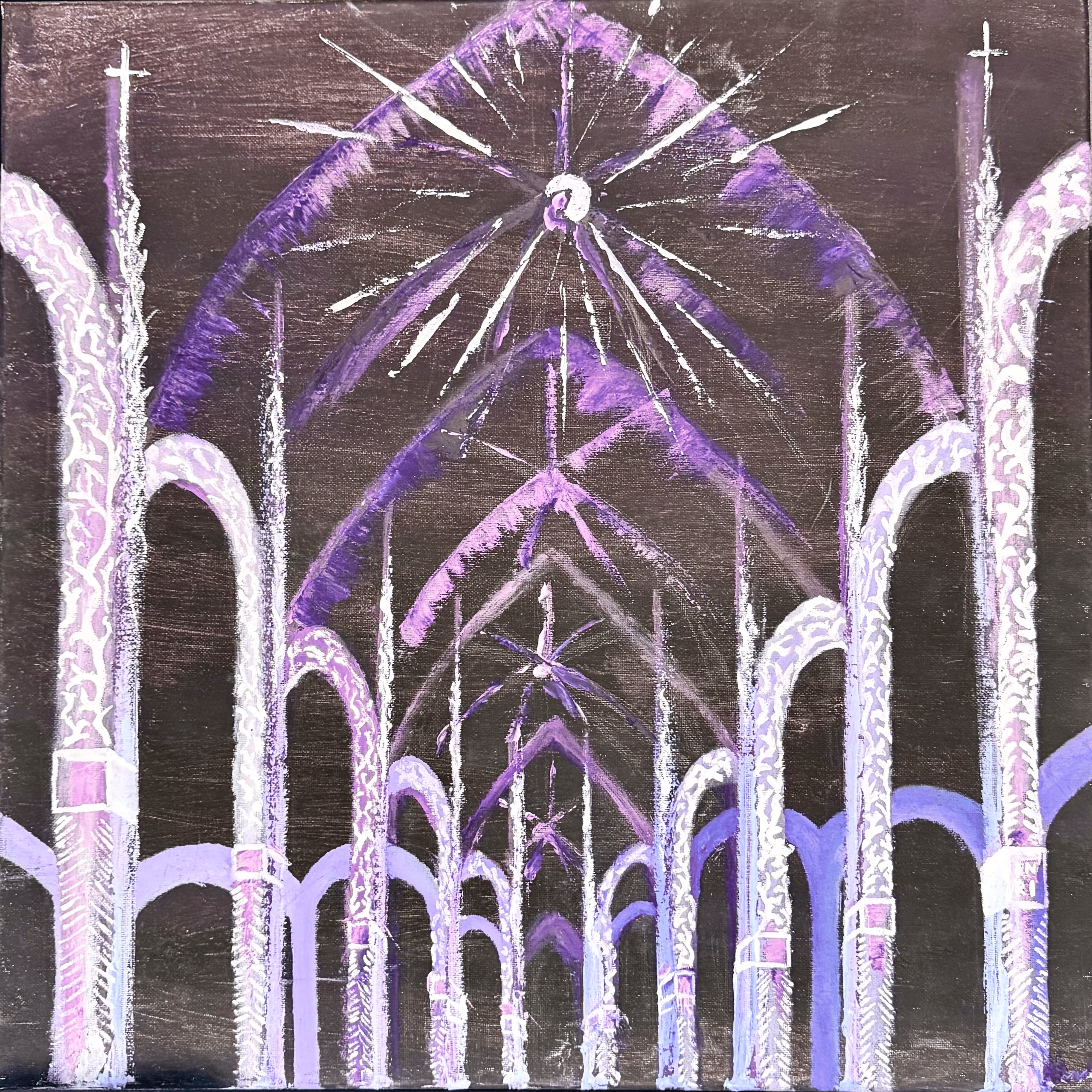 A colonnade of white and lilac gothic columns recedes into a near-black interior, their ribbed vaults meeting at a small white boss that throws out spokes of light. Two of the tallest columns are topped with crosses.